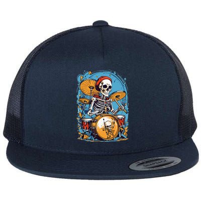 Drummer Skeleton Playing Drums For Halloween Graphic Flat Bill Trucker Hat