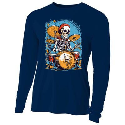 Drummer Skeleton Playing Drums For Halloween Graphic Cooling Performance Long Sleeve Crew