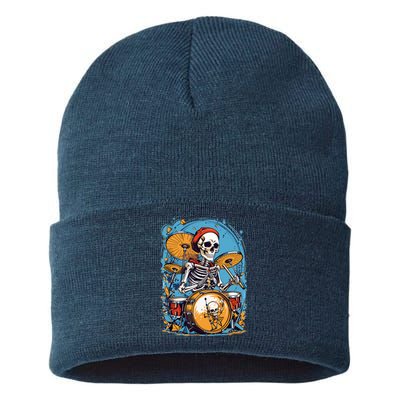 Drummer Skeleton Playing Drums For Halloween Graphic Sustainable Knit Beanie