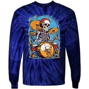 Drummer Skeleton Playing Drums For Halloween Graphic Tie-Dye Long Sleeve Shirt