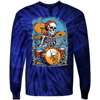 Drummer Skeleton Playing Drums For Halloween Graphic Tie-Dye Long Sleeve Shirt