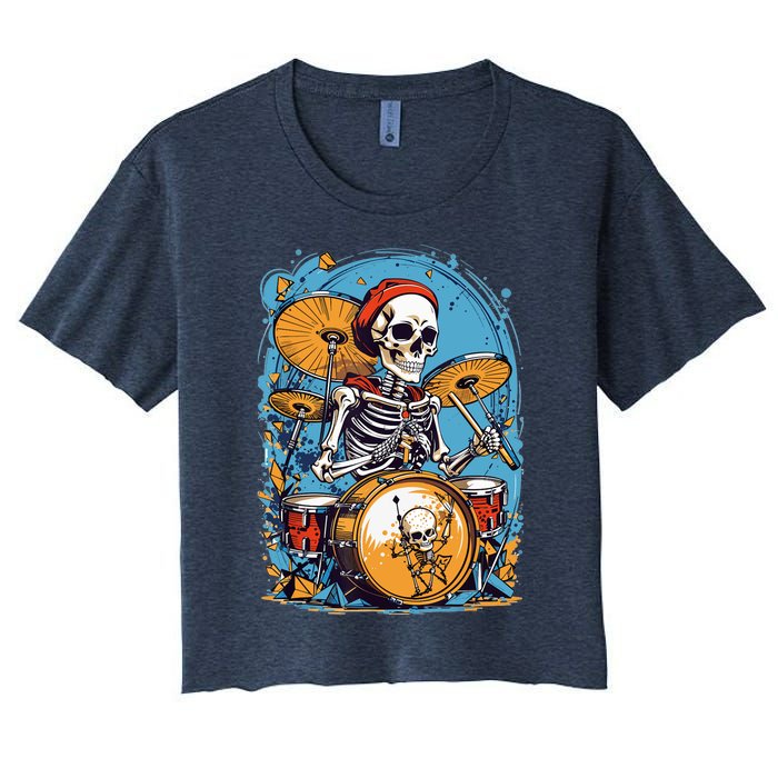 Drummer Skeleton Playing Drums For Halloween Graphic Women's Crop Top Tee