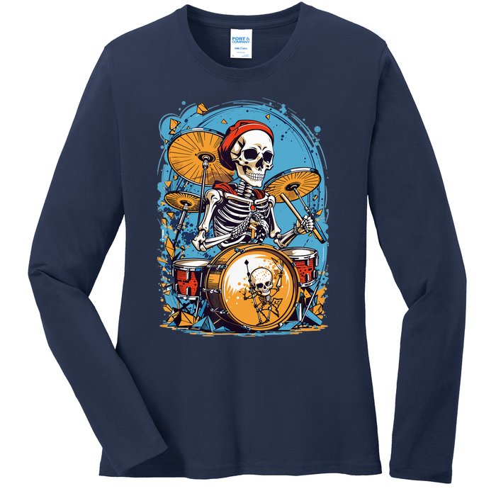 Drummer Skeleton Playing Drums For Halloween Graphic Ladies Long Sleeve Shirt