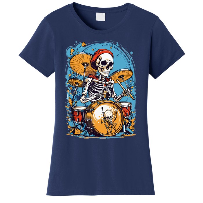 Drummer Skeleton Playing Drums For Halloween Graphic Women's T-Shirt