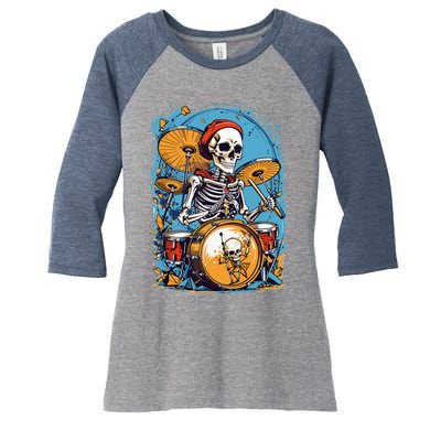 Drummer Skeleton Playing Drums For Halloween Graphic Women's Tri-Blend 3/4-Sleeve Raglan Shirt