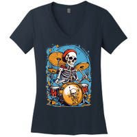 Drummer Skeleton Playing Drums For Halloween Graphic Women's V-Neck T-Shirt