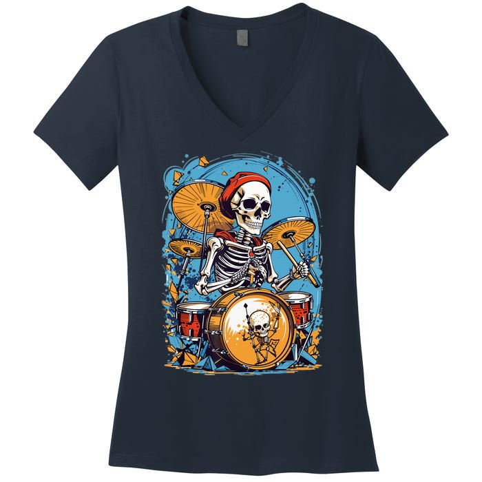 Drummer Skeleton Playing Drums For Halloween Graphic Women's V-Neck T-Shirt