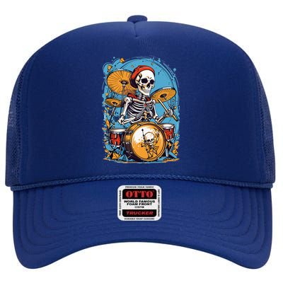 Drummer Skeleton Playing Drums For Halloween Graphic High Crown Mesh Back Trucker Hat