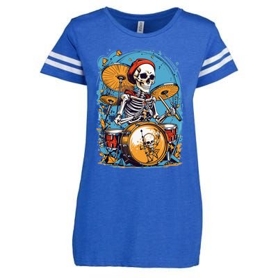 Drummer Skeleton Playing Drums For Halloween Graphic Enza Ladies Jersey Football T-Shirt