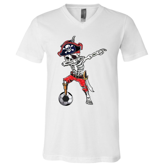 Dabbing Skeleton Pirate Soccer Ball Halloween Costume Day V-Neck T-Shirt