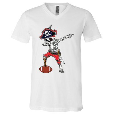 Dabbing Skeleton Pirate Football Ball Halloween Costume V-Neck T-Shirt