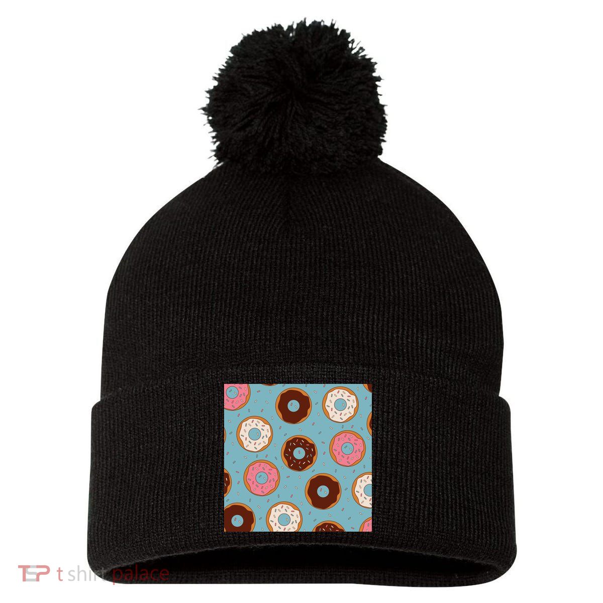 Donut Sweet Pastries Pattern Pom Pom 12in Knit Beanie