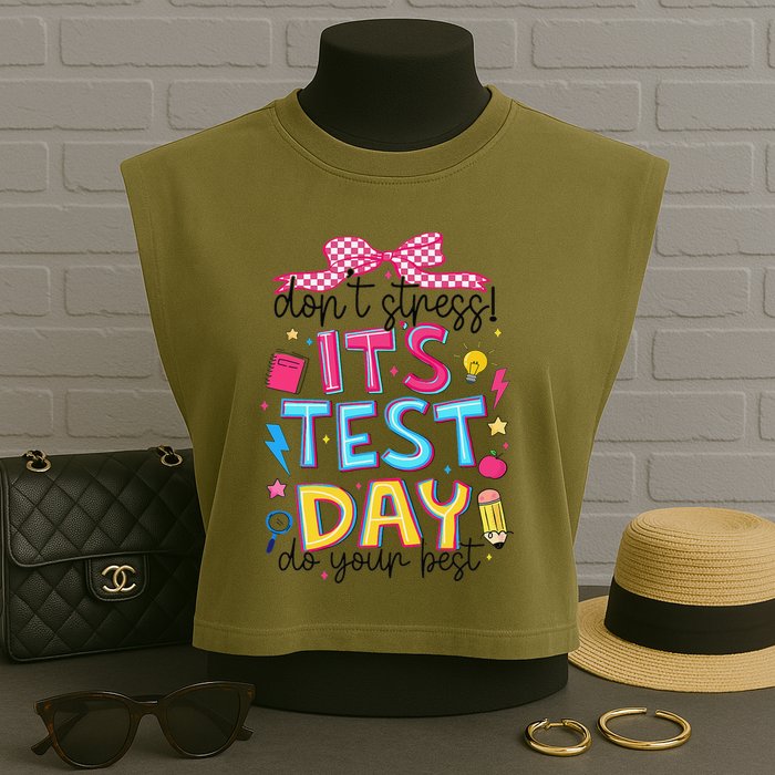 Dont Stress Pencil Coquette Bow Rock The Test Testing Day Garment-Dyed Women's Muscle Tee