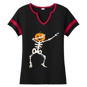 Dabbing Skeleton Pumpkin Head Funny Dab Gift Ladies Halftime Notch Neck Tee