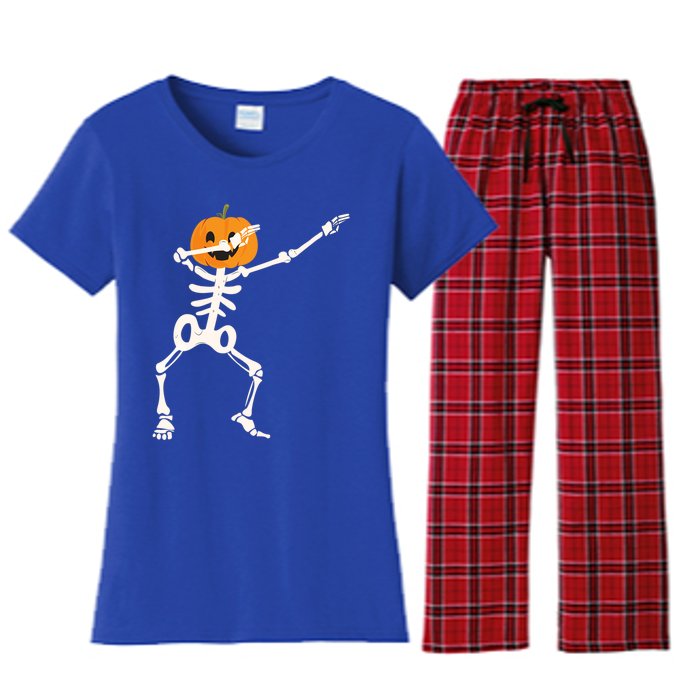 Dabbing Skeleton Pumpkin Head Funny Dab Gift Women's Flannel Pajama Set