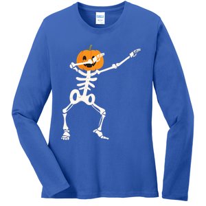 Dabbing Skeleton Pumpkin Head Funny Dab Gift Ladies Long Sleeve Shirt