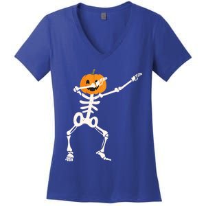 Dabbing Skeleton Pumpkin Head Funny Dab Gift Women's V-Neck T-Shirt