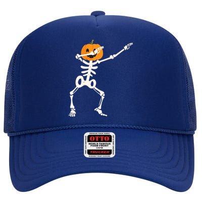 Dabbing Skeleton Pumpkin Head Funny Dab Gift High Crown Mesh Back Trucker Hat