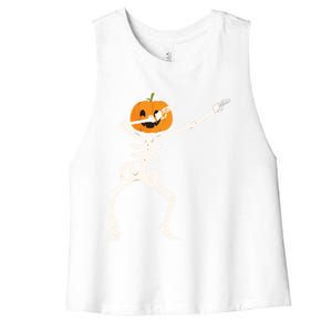 Dabbing Skeleton Pumpkin Head Funny Dab Gift Women's Racerback Cropped Tank