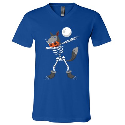 Dabbing Skeleton Pumpkin Skull Head Werewolf Dab Halloween Funny Gift V-Neck T-Shirt