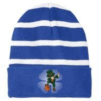 Dabbing St Patricks Day Basketball Leprechaun And Gift Striped Beanie with Solid Band