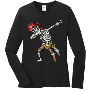 Dabbing Skeleton Pirate Halloween Jolly Roger Pirate Ladies Long Sleeve Shirt