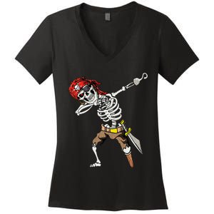 Dabbing Skeleton Pirate Halloween Jolly Roger Pirate Women's V-Neck T-Shirt