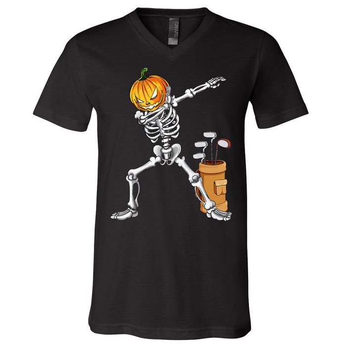 Dabbing Skeleton Pumpkin Golf Halloween Costume Gift Kids V-Neck T-Shirt