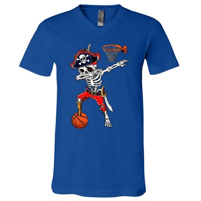 Dabbing Skeleton Pirate And Basketball Ball Halloween Costume Cute Gift V-Neck T-Shirt