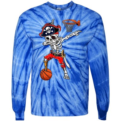 Dabbing Skeleton Pirate And Basketball Ball Halloween Costume Cute Gift Tie-Dye Long Sleeve Shirt