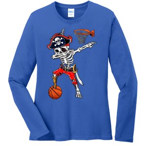 Dabbing Skeleton Pirate And Basketball Ball Halloween Costume Cute Gift Ladies Long Sleeve Shirt