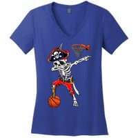 Dabbing Skeleton Pirate And Basketball Ball Halloween Costume Cute Gift Women's V-Neck T-Shirt