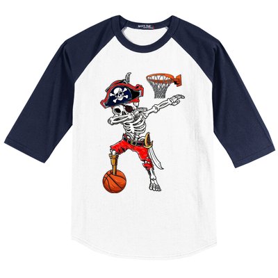 Dabbing Skeleton Pirate And Basketball Ball Halloween Costume Cute Gift Baseball Sleeve Shirt