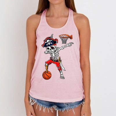 Dabbing Skeleton Pirate And Basketball Ball Halloween Costume Cute Gift Women's Knotted Racerback Tank