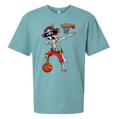 Dabbing Skeleton Pirate And Basketball Ball Halloween Costume Cute Gift Sueded Cloud Jersey T-Shirt