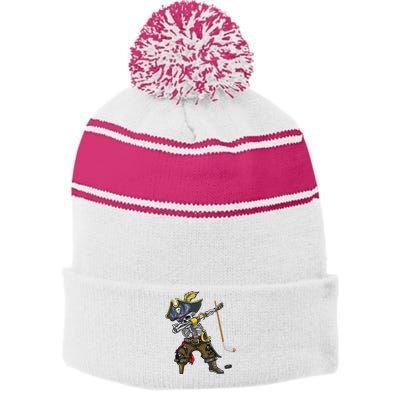 Dabbing Skeleton Pirate Hockey Lover Halloween Costume Stripe Pom Pom Beanie