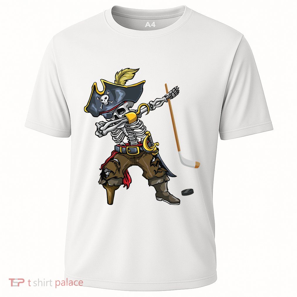 Dabbing Skeleton Pirate Hockey Lover Halloween Costume Cooling Performance Crew T-Shirt