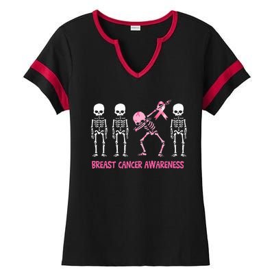 Dabbing Skeleton Pink Ribbon Breast Cancer Halloween Ladies Halftime Notch Neck Tee