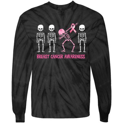 Dabbing Skeleton Pink Ribbon Breast Cancer Halloween Tie-Dye Long Sleeve Shirt