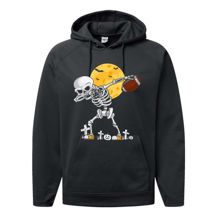 Dabbing Skeleton Playing Football Halloween Player Coach Performance Fleece Hoodie