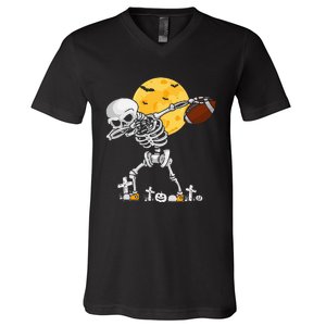 Dabbing Skeleton Playing Football Halloween Player Coach V-Neck T-Shirt