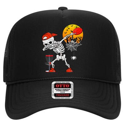 Dabbing Skeleton Playing Disc Golf Halloween Player Coach High Crown Mesh Back Trucker Hat