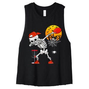 Dabbing Skeleton Playing Disc Golf Halloween Player Coach Women's Racerback Cropped Tank