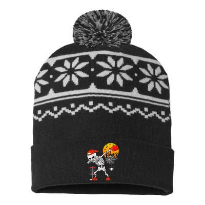 Dabbing Skeleton Playing Disc Golf Halloween Player Coach USA-Made Snowflake Beanie