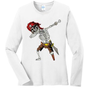 Dabbing Skeleton Pirate Halloween Jolly Roger Pirate Ladies Long Sleeve Shirt