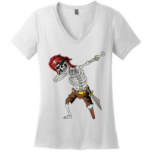 Dabbing Skeleton Pirate Halloween Jolly Roger Pirate Women's V-Neck T-Shirt