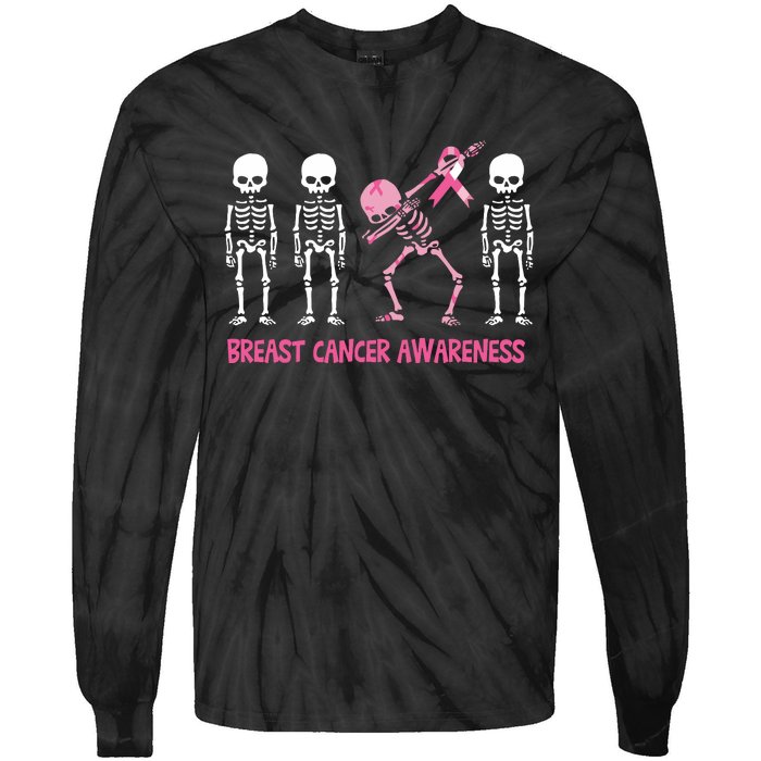 Dabbing Skeleton Pink Ribbon Breast Cancer Halloween Tie-Dye Long Sleeve Shirt