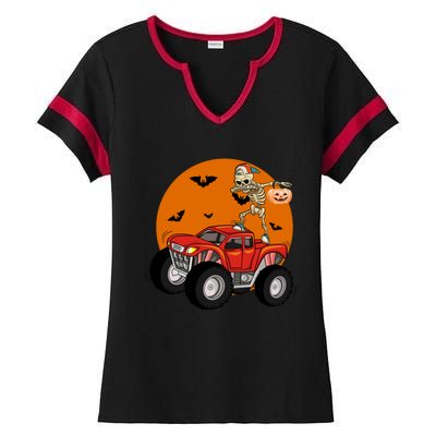 Dabbing Skeleton Riding Monster Truck Funny Halloween Cute Gift Ladies Halftime Notch Neck Tee