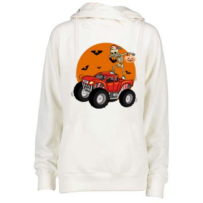 Dabbing Skeleton Riding Monster Truck Funny Halloween Cute Gift Womens Funnel Neck Pullover Hood