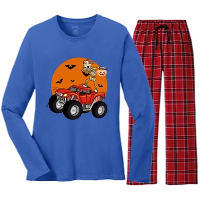 Dabbing Skeleton Riding Monster Truck Funny Halloween Cute Gift Women's Long Sleeve Flannel Pajama Set 